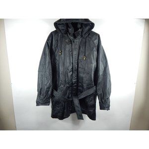 Vintage Vilanto Leather Belted Parka Jacket - Removable Hood Black L Men's D83